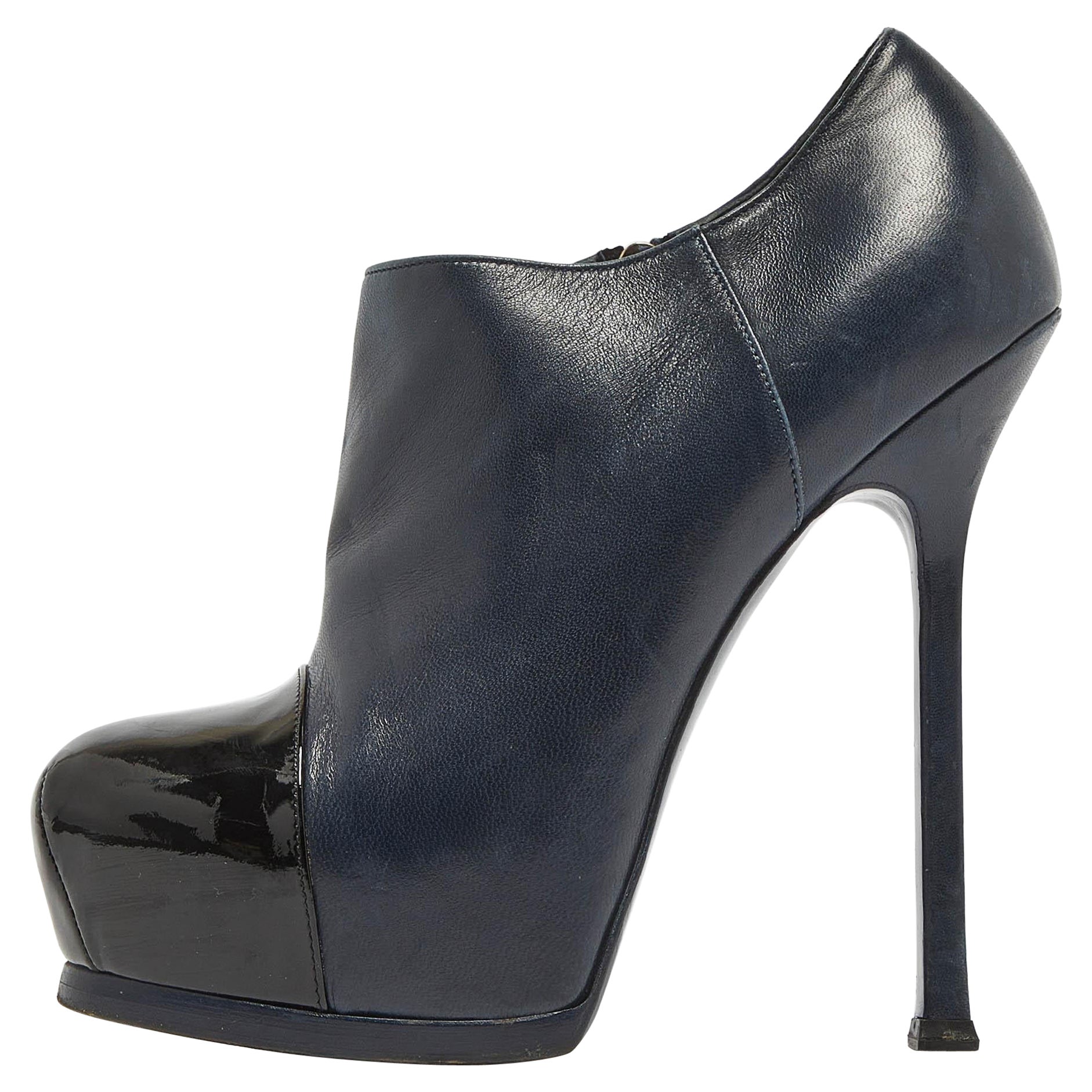 Yves Saint Laurent Blaues Lackleder Tribute Plateau-Stiefeletten Größe 36