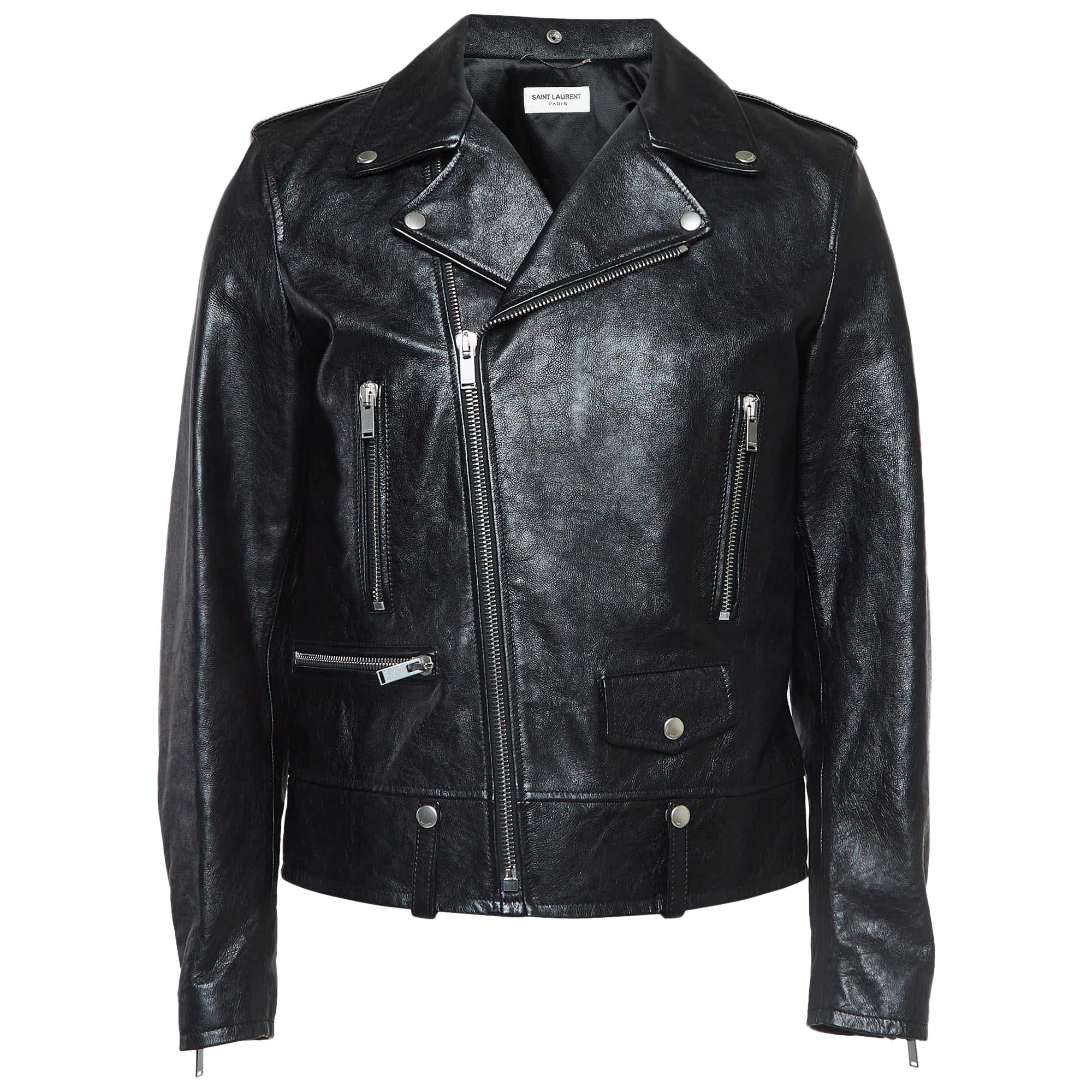 Saint Laurent Paris Black Leather Zipper Detail Biker Jacket XL For Sale