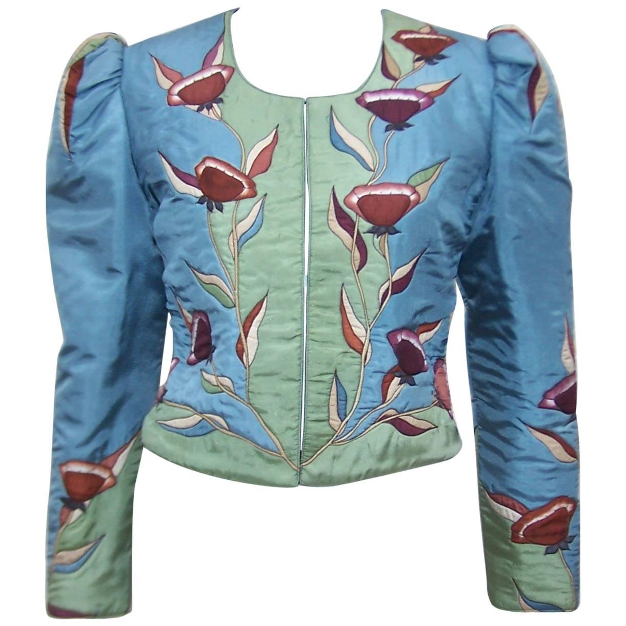 Art Nouveau Style 1970's Hand Painted SIlk Bolero Jacket