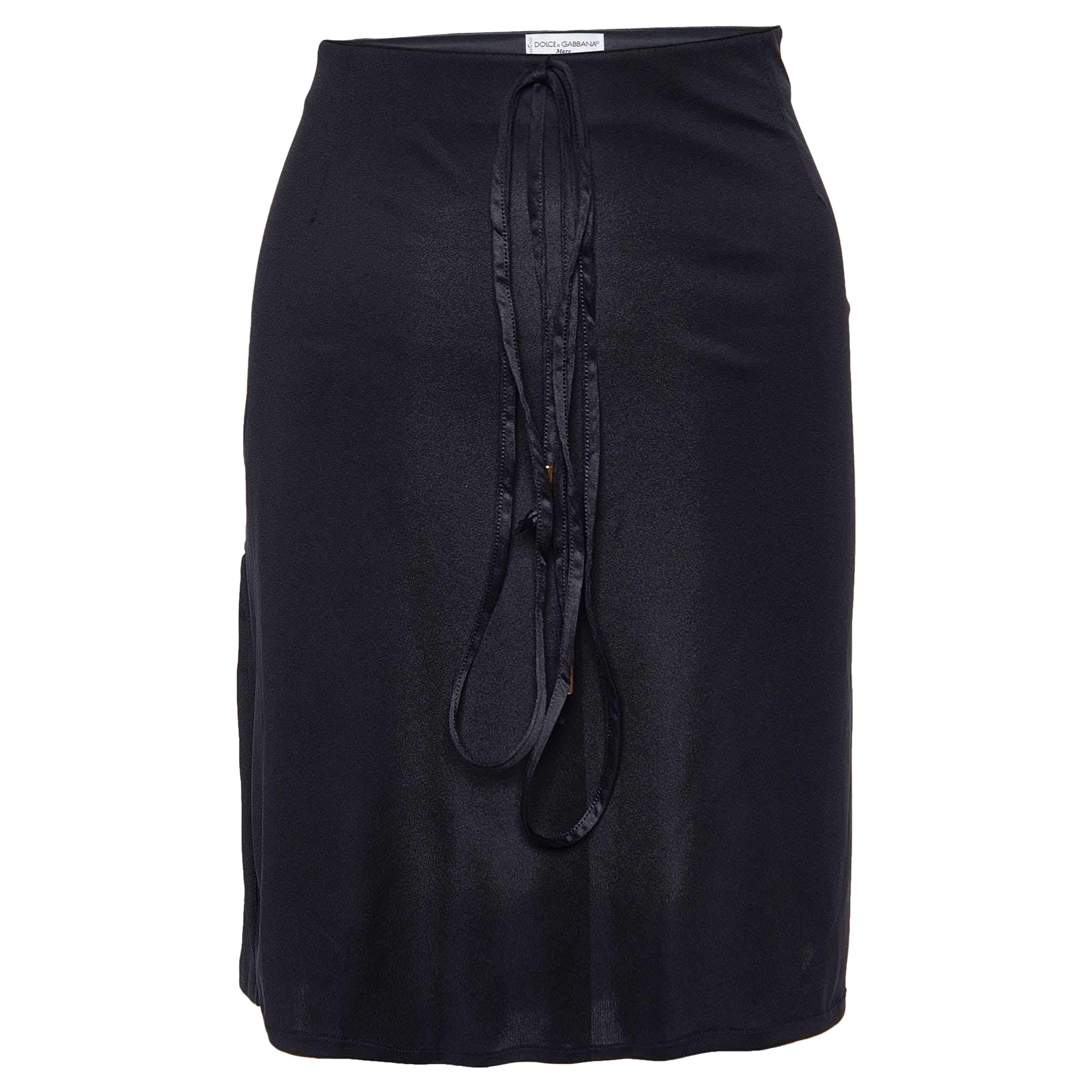 Dolce & Gabbana Mare Black Jersey Tie Detail Skirt XL For Sale