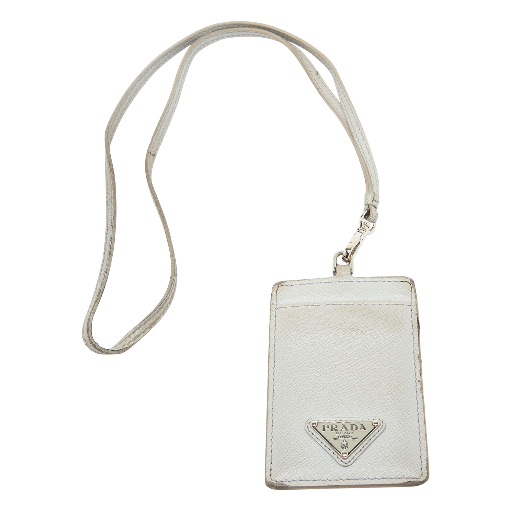 Prada Blue Saffiano Leather Badge Holder For Sale
