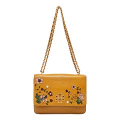 Tory Burch Mustard Leather Britten Floral Applique Flap Bag