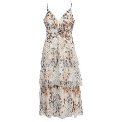 Notte By Marchesa White Printed Tulle Ruched Tiered Midi Dress L