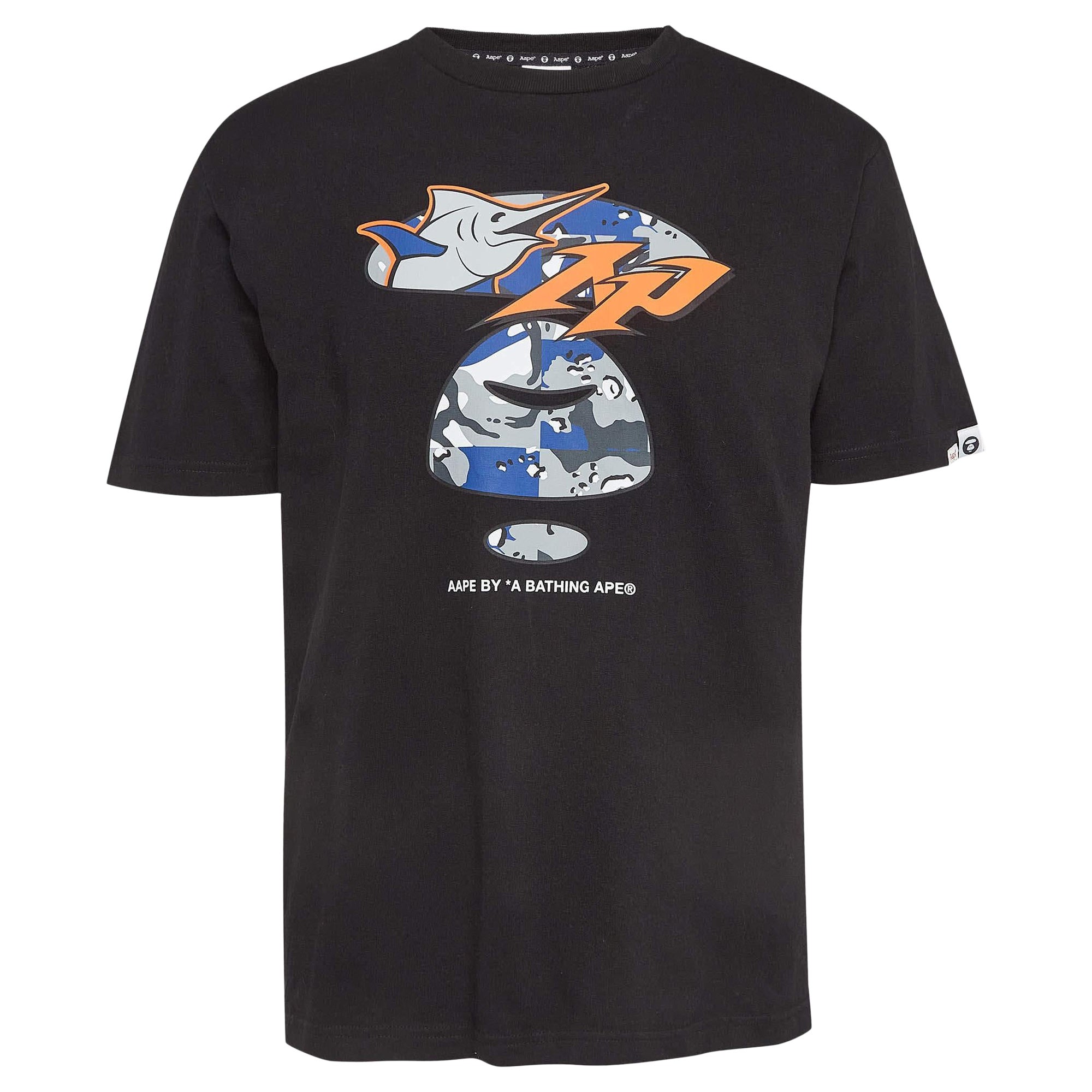 A Bathing Ape Black Printed Cotton Knit Crew Neck T-Shirt L For Sale