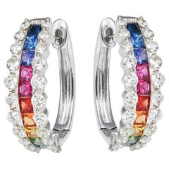 Elegant Multi Colored Stones Diamond 18k White Gold Earring