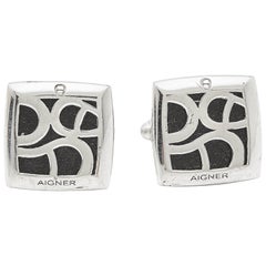 Boutons de manchette en cuir argenté avec logo Aigner