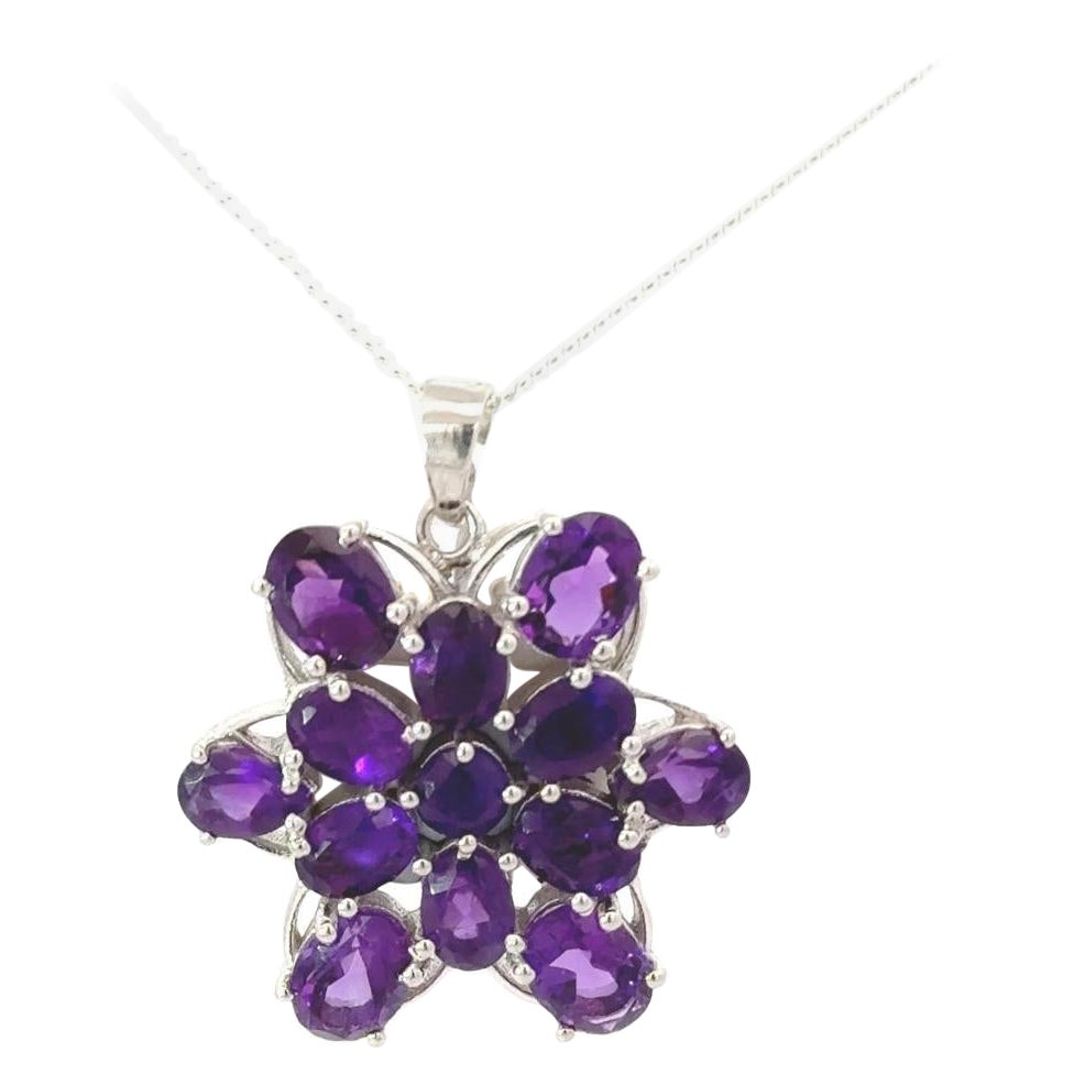 Classic Natural Amethyst 12.45 ct Cluster Pendant in 925 Solid Silver For Mom For Sale