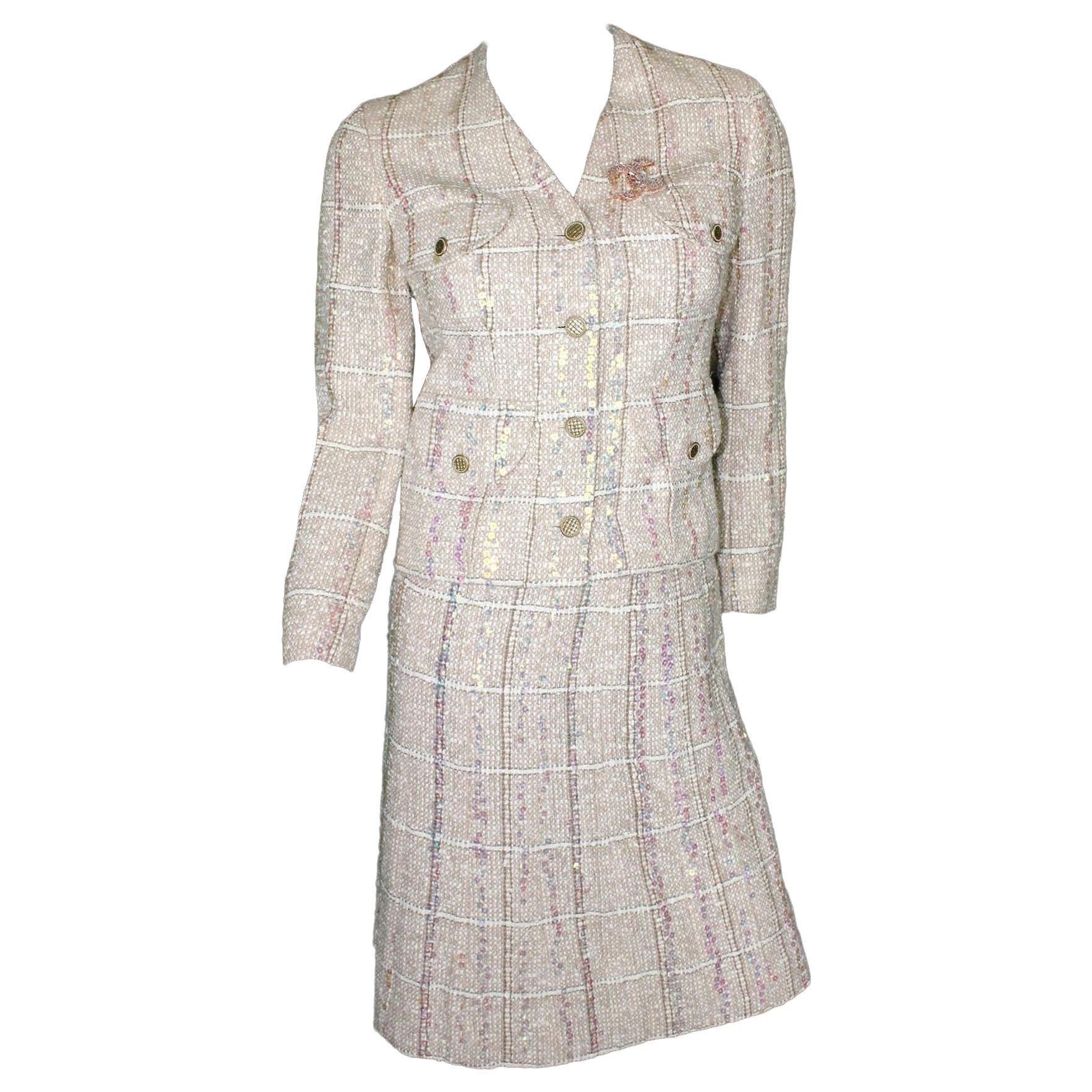CHANEL Rare Fantasy TweednSequins Trimmed Jacket Skirt Suit Ensemble 42