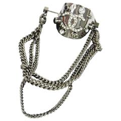 Chanel Silver Gunmetal Rhinestone Pin Chain Charm Evening Brooch in Box