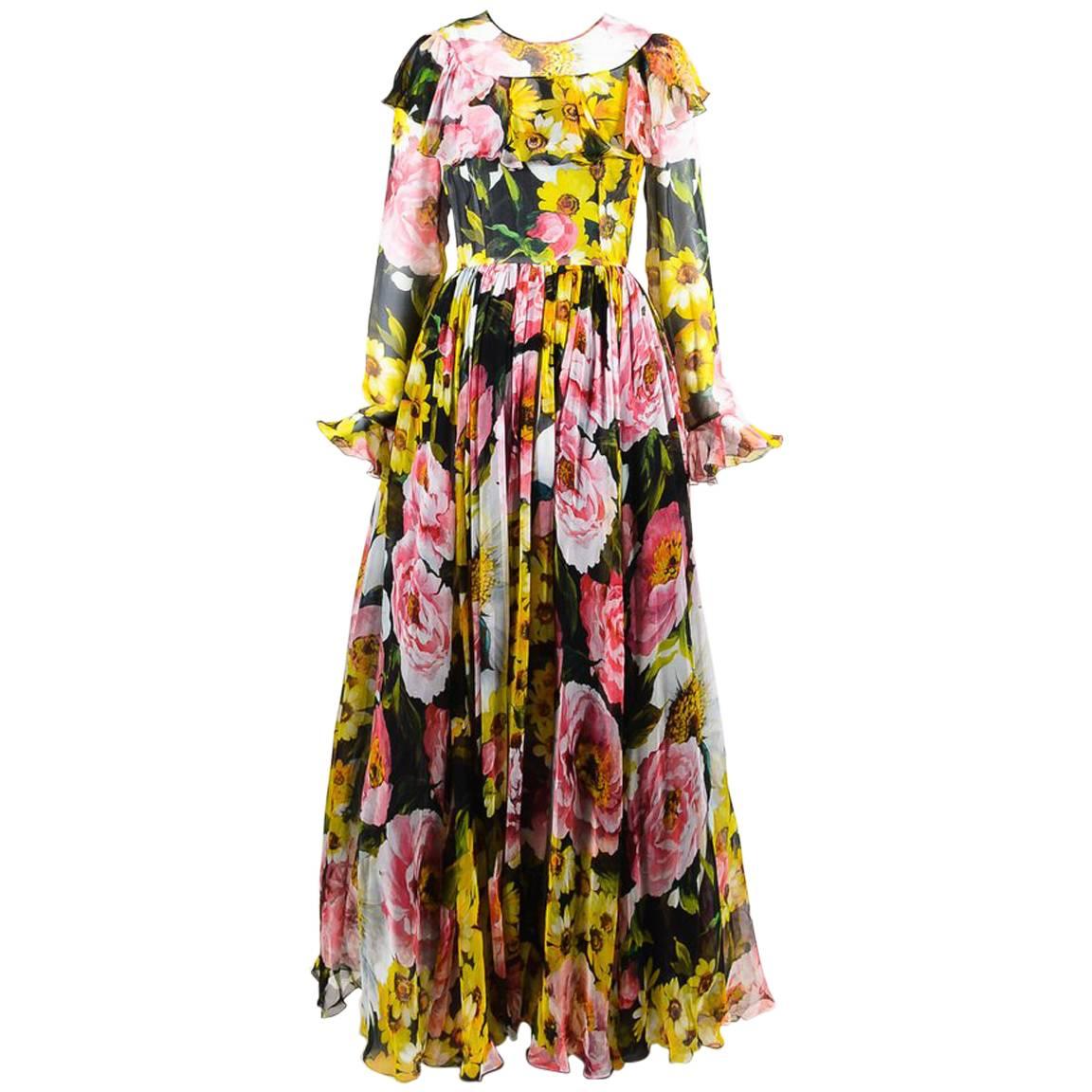 Dolce & Gabbana New w Tags Pink Black & Yellow Silk Floral Print LS Gown SZ 42 For Sale
