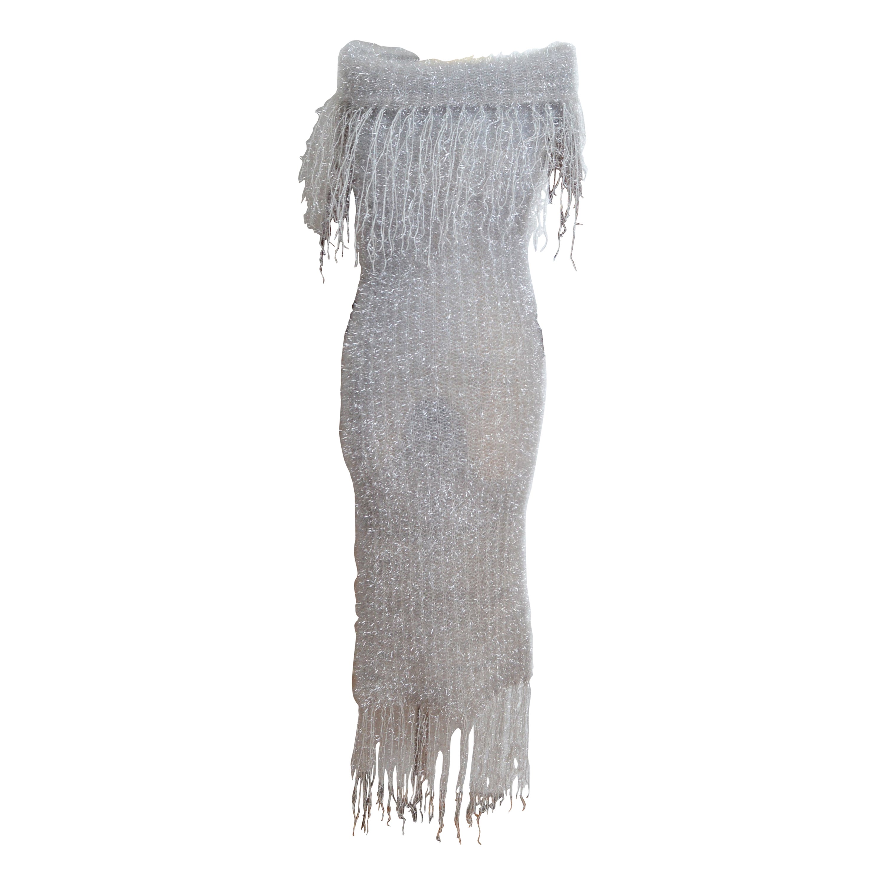 Loud 1990's Garish Argento off shoulder Tinsel Glitter Cowl neck Evening Dress in vendita