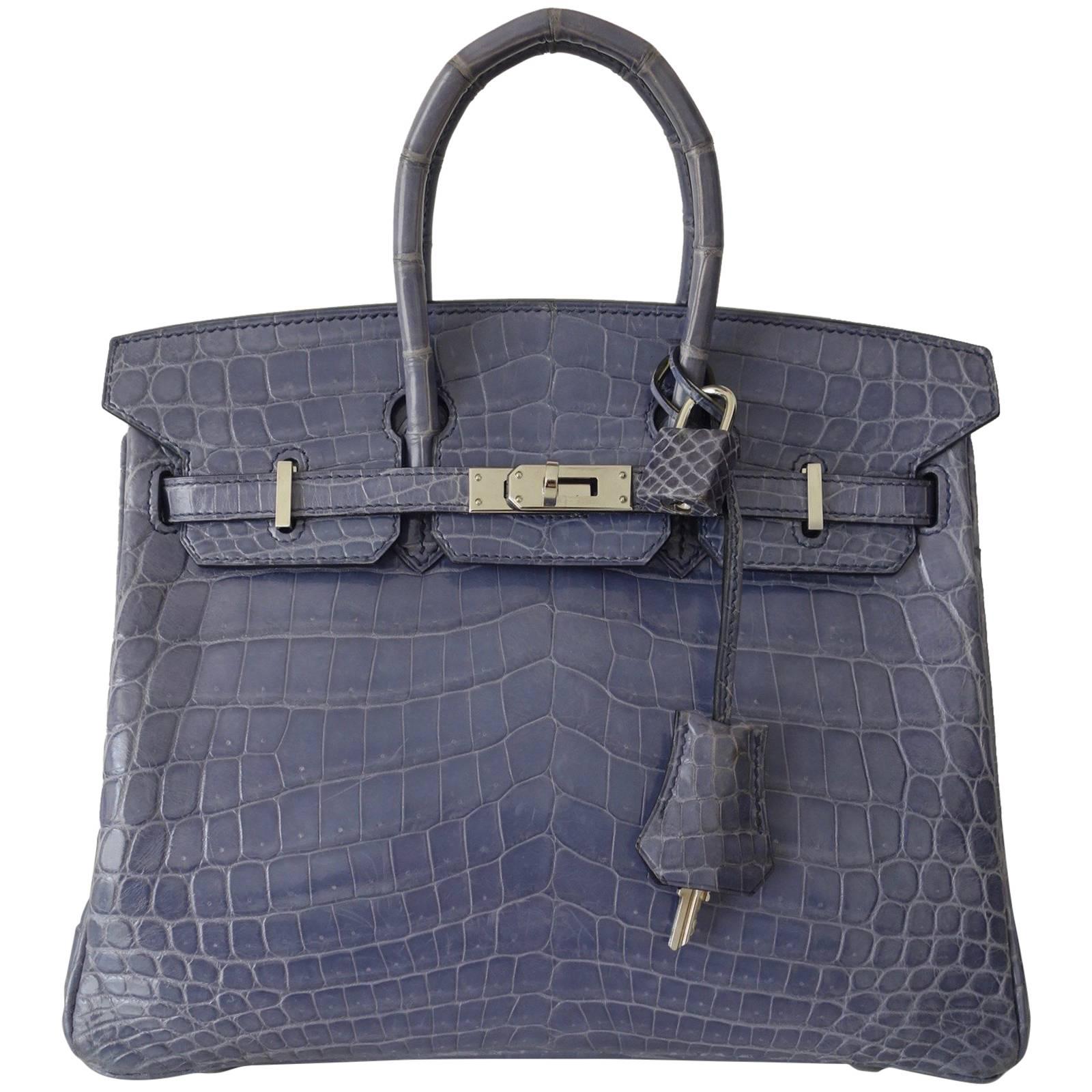 RARE Hermes Birkin 25 Handbag Bleu Brighton Crocodile Nilo Palladium Hdw