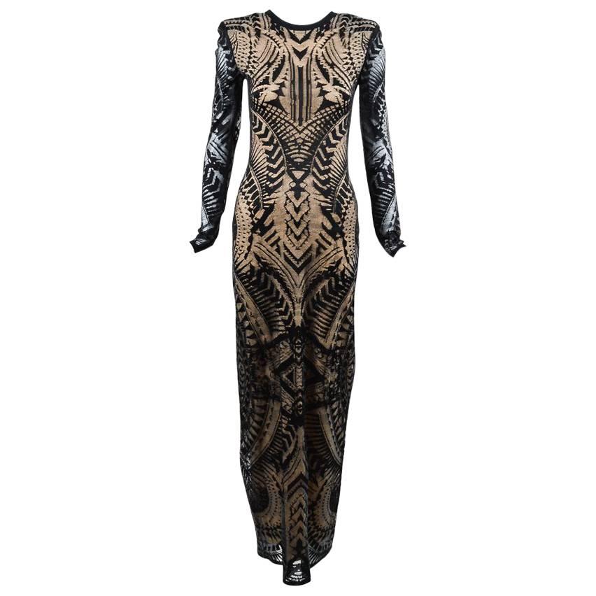 Balmain New with Tags Black & Beige Knit LS Tattoo Effect Maxi Gown SZ 40 For Sale