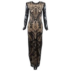 Balmain New with Tags Black & Beige Knit LS Tattoo Effect Maxi Gown SZ 40 1