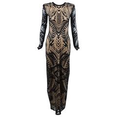 Balmain New with Tags Black & Beige Knit LS Tattoo Effect Maxi Gown SZ 40