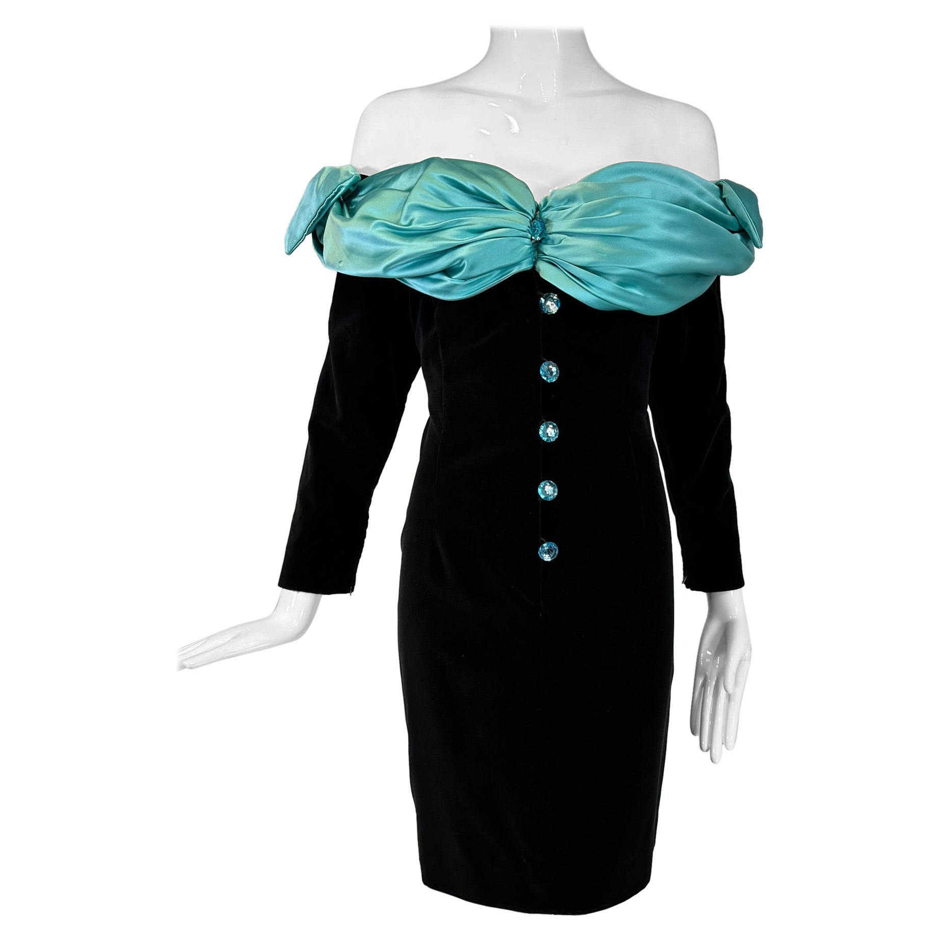 Yves Saint Laurent Black Velvet Turquoise Satin Off the Shoulder Cape Dress 1980 For Sale