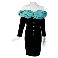 Yves Saint Laurent Black Velvet Turquoise Satin Off the Shoulder Cape Dress 1980
