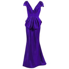 Oscar de la Renta Purple Silk Taffeta Pleated Peplum Off The Shoulder Gown SZ 10 11