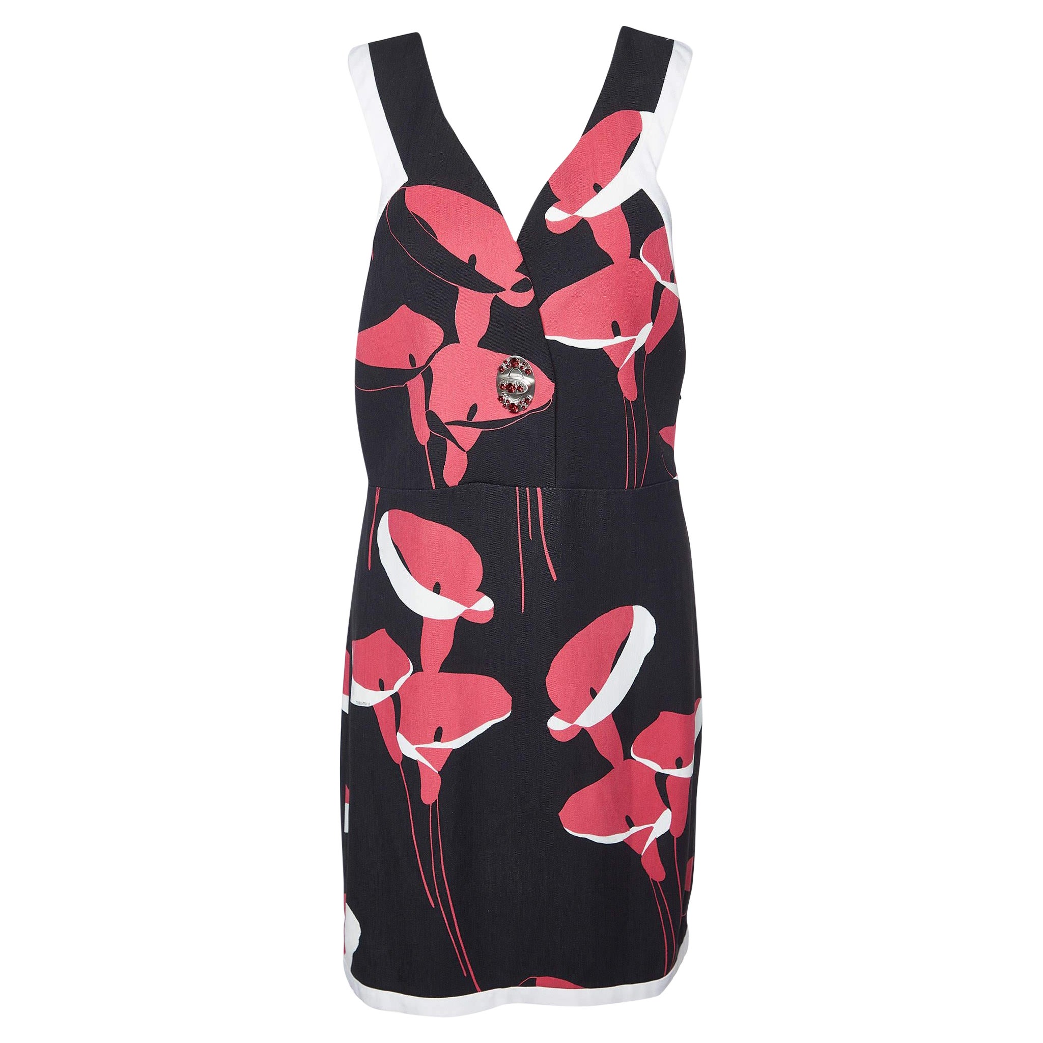 Miu Miu Black Floral Print Cady Turn Lock Detail Sleeveless Dress M For Sale