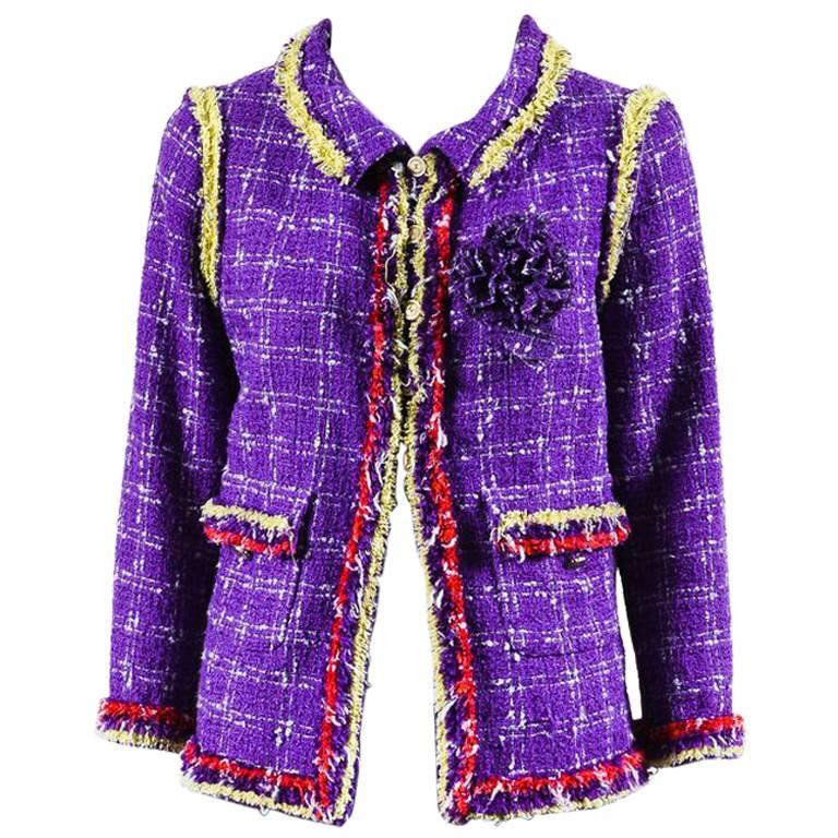 Chanel 06P Purple Red Yellow Silk Blend Tweed Floral Pin Blazer Jacket Size 42 For Sale