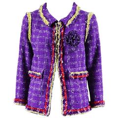 Chanel 06P Purple Red Yellow Silk Blend Tweed Floral Pin Blazer Jacket Size 42