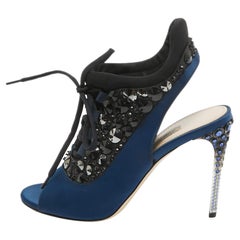Miu Miu Navy Blue Satin Crystal Embellished Lace Up Slingback Sandals Size 39.5