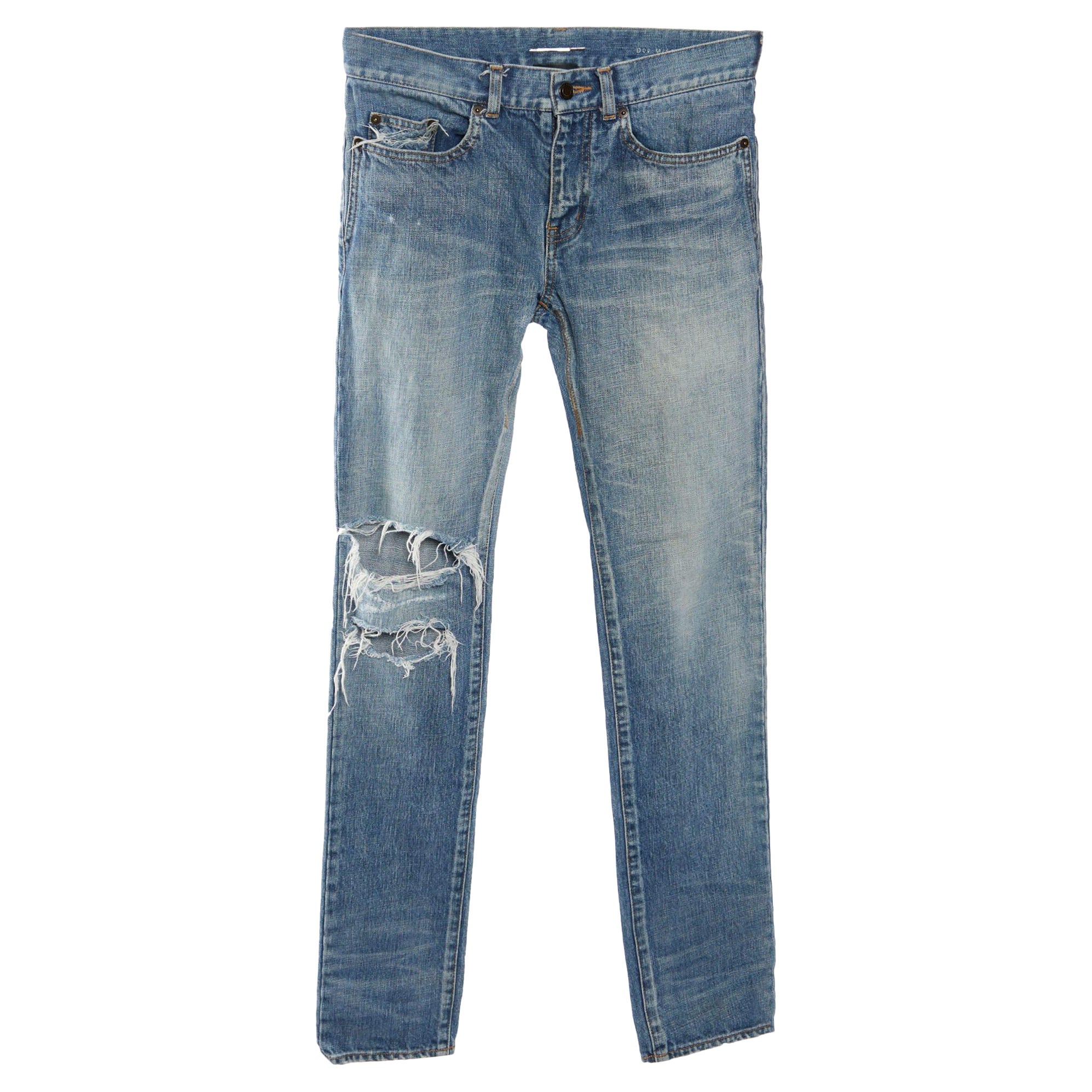 Saint Laurent Paris Blue Denim Distressed Skinny Jeans S/Waist 31" For Sale