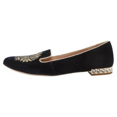 Miu Miu Blue Velvet Embroidered Crystal Embellished Smoking Slippers Size 36.5