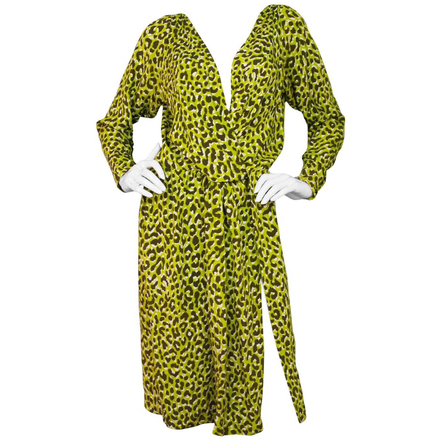 YSL Green & Brown Leopard Print Wrap Dress sz FR40
