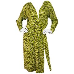 YSL Green & Brown Leopard Print Wrap Dress sz FR40