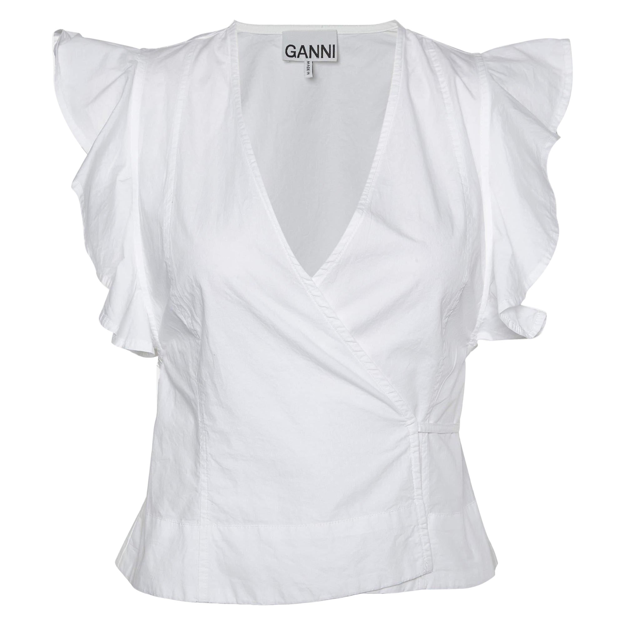 Ganni White Cotton Cap Sleeves Wrap Top XXS For Sale