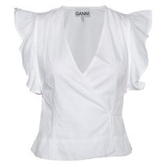 Ganni White Cotton Cap Sleeves Wrap Top XXS