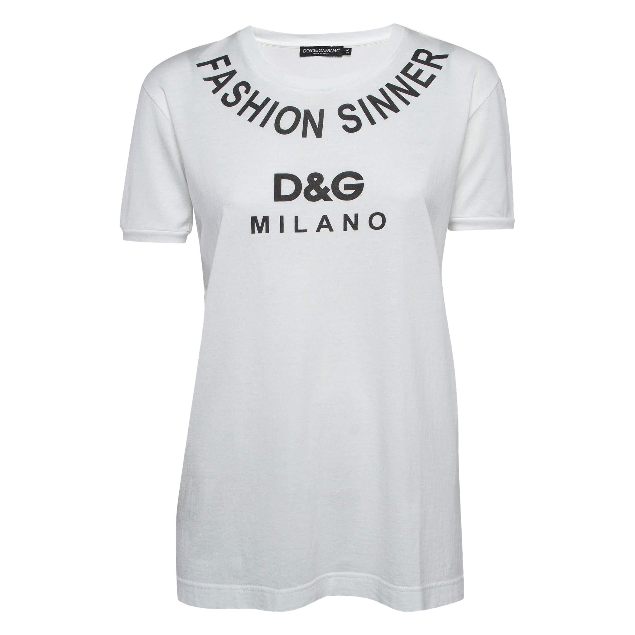 Dolce & Gabbana White Logo Print Cotton Jersey T-Shirt S For Sale