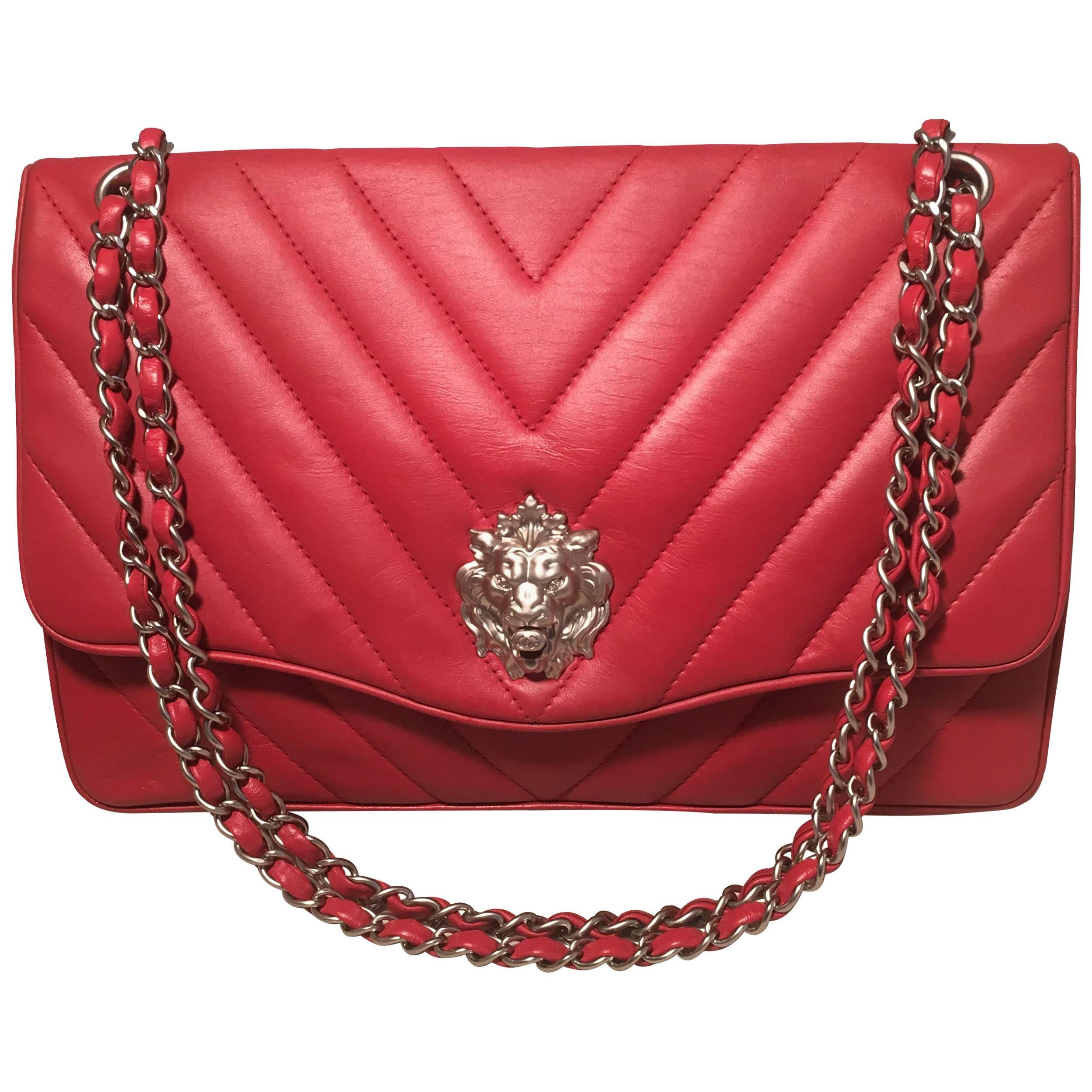 Chanel Red Chevron Quilted Lions Head Classic Flap Shoulder Bag