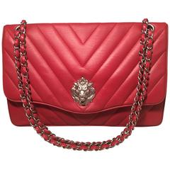 Chanel Red Chevron Quilted Lions Head Classic Flap Shoulder Bag