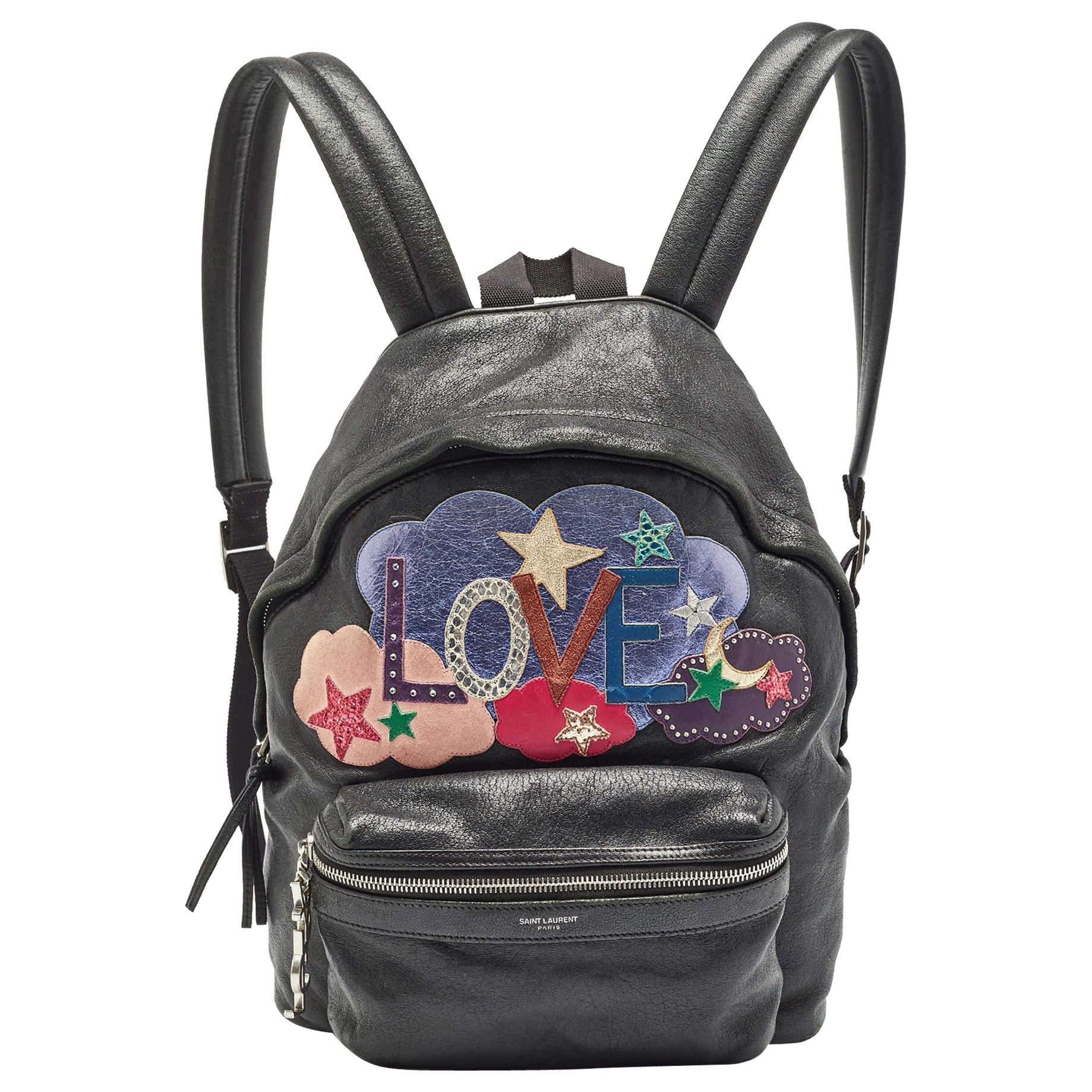 Saint Laurent Black Leather and Canvas Mini Love Appliqué City Backpack