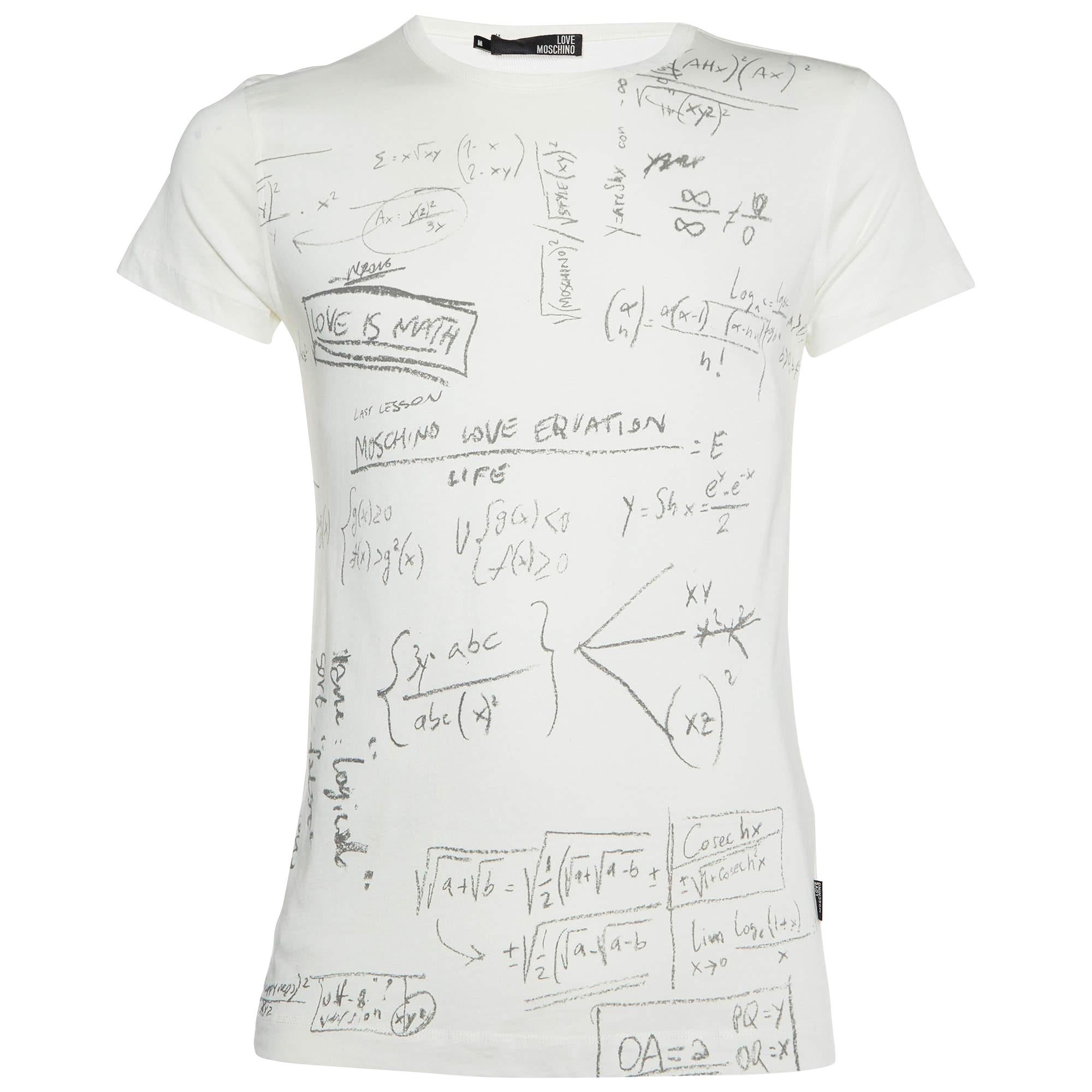 Love Moschino Ivory Math Scribble Print Cotton Crew Neck T-Shirt M For Sale