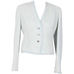 Chanel Classic Pale Blue Cream Knit Frayed Hem Blazer Jacket Size 40