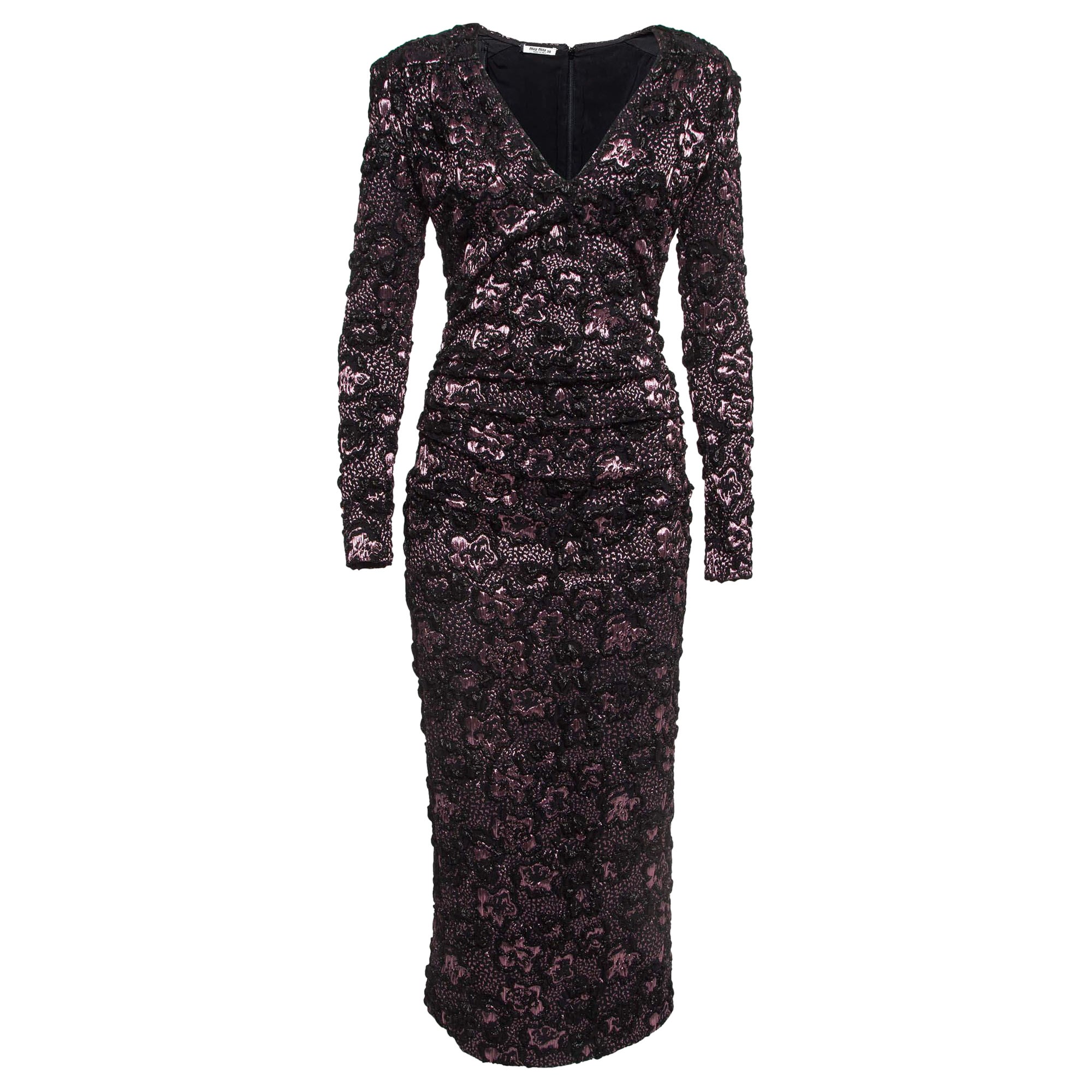 Miu Miu Vestito midi in lurex Cloque rosa/nero S in vendita