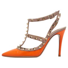 Valentino Neon Orange/Dusty Pink Leather Rockstud Ankle Strap Pumps Size 36.5