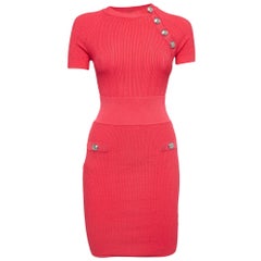 Balmain Pink Rib Knit Button Embellished Skirt Set S