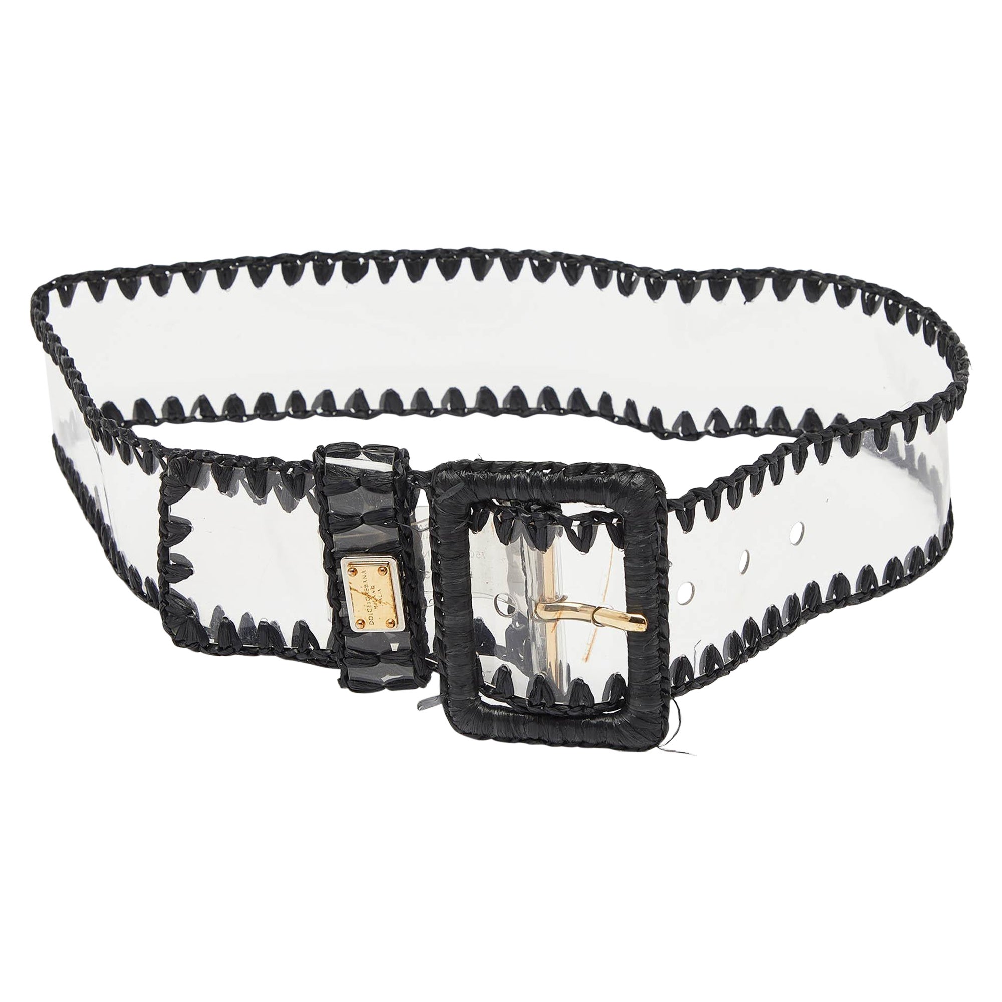 Dolce & Gabbana Black/Transparent PVC and Straw Buckle Belt 75CM For Sale