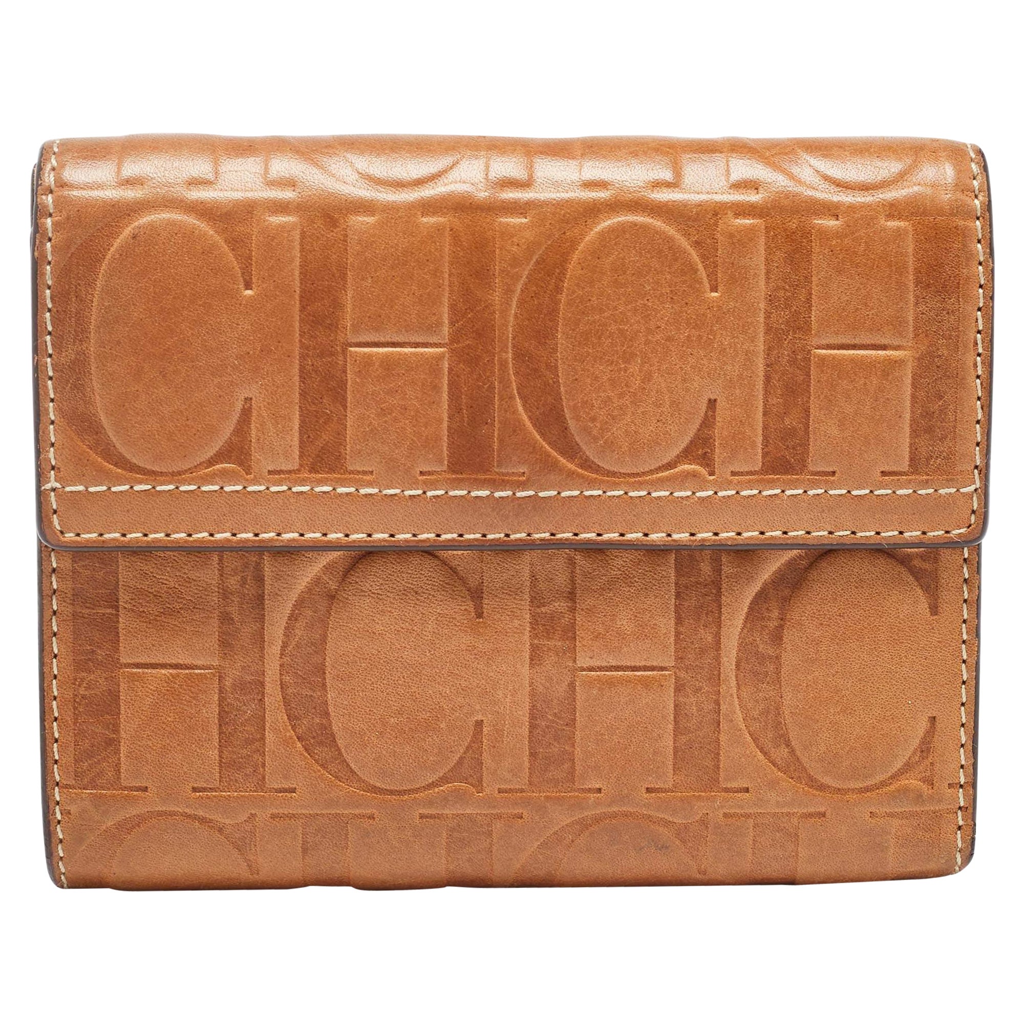 Carolina Herrera Brown Monogram Embossed Leather Trifold Wallet For Sale
