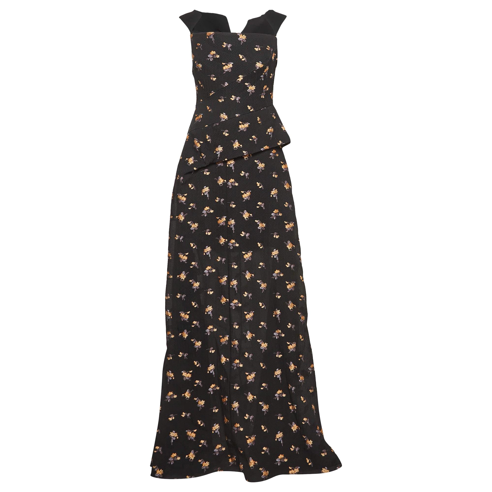 Roland Mouret Black Floral Textured Silk Blend Off Shoulder Heddon Gown M For Sale