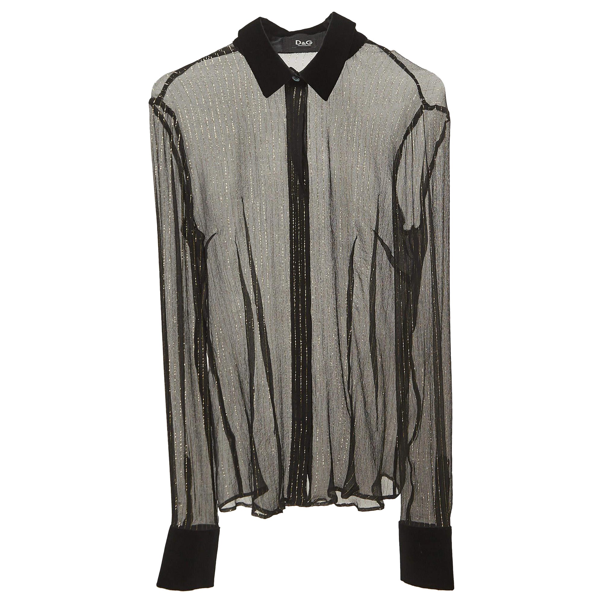 D&G Black/Gold Lurex Stripe Velvet Trim Sheer Shirt S For Sale