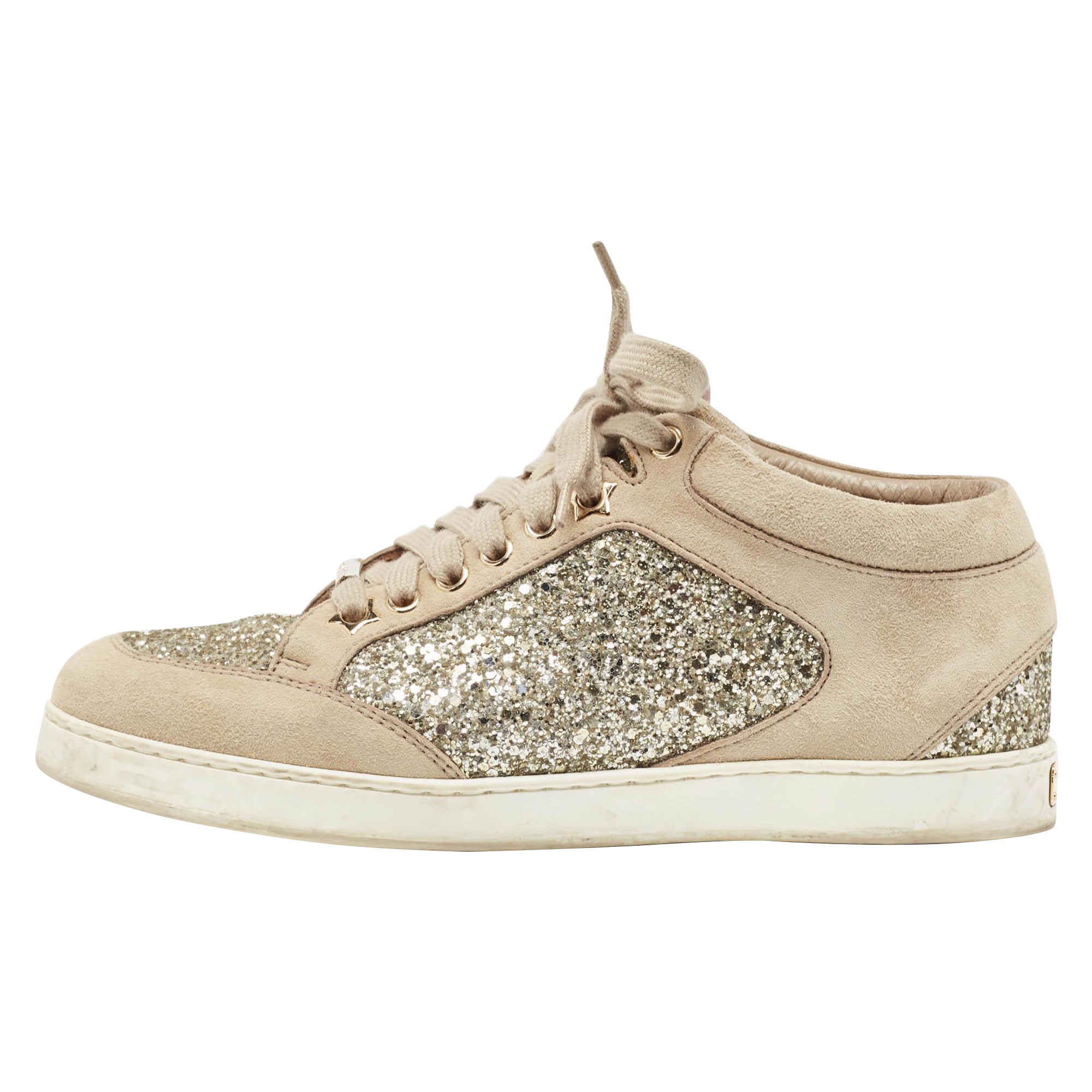 Jimmy Choo Beige Glitter and Suede Miami Sneakers Size 36 For Sale
