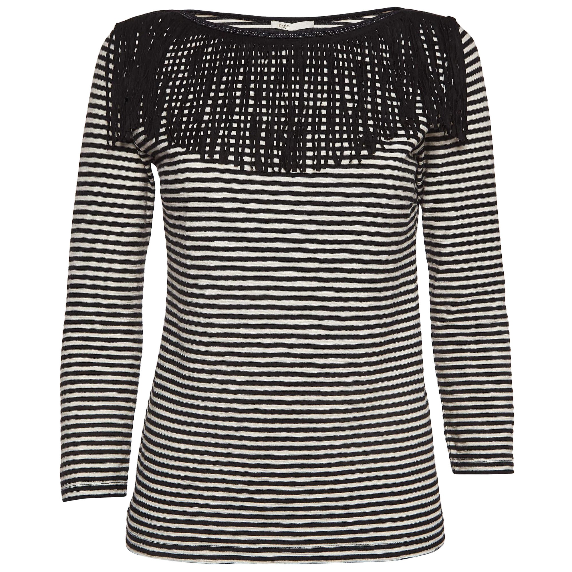Maje Black/White Stripe Cotton Fringed Detail T-Shirt M For Sale
