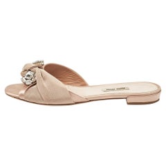 Miu Miu Beige Satin Crystal Embellished Flat Slides Size 38.5