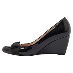 Salvatore Ferragamo Black Patent Leather Vara Bow Wedge Pumps Size 38