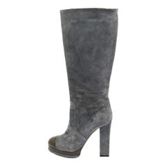 Chanel Grey Suede CC Cap Toe Block Heel Knee Length Boots Size 40.5